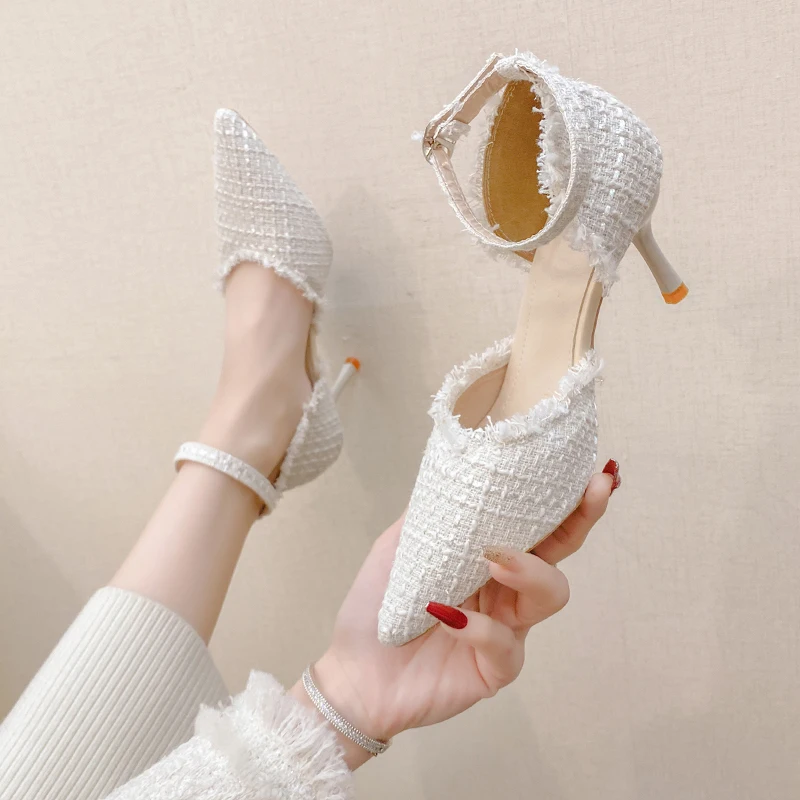 

Туфли-лодочки женские из дышащей ткани на высоком каблуке-модные белые туфли на тонком каблуке с острым носком и ремешком на щиколотке