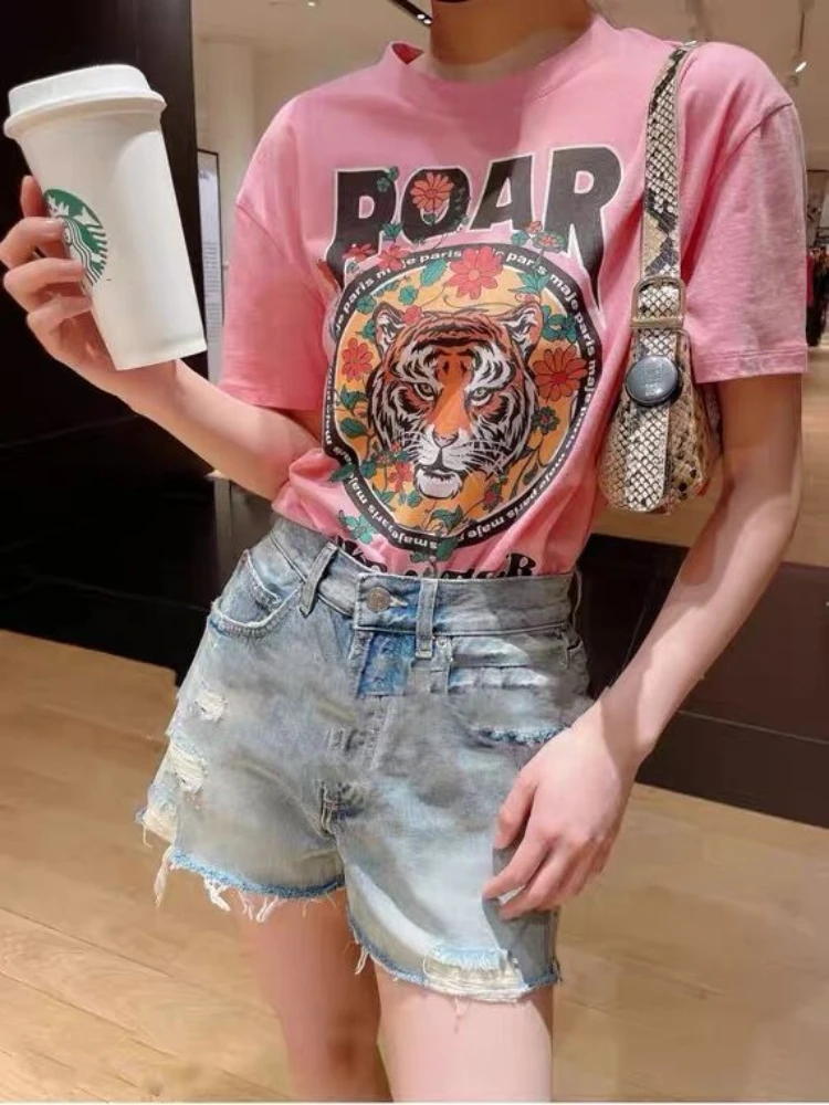 

2022 Spring Summer New Arrive Woman Pink Flroal Printe T-shirt Tiger Print Top Free Shipping Brand France Paris