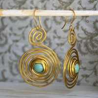 ethnic round turquoise hook earrings for women bohemian jewelry gold color metal spiral dangle earrings gift