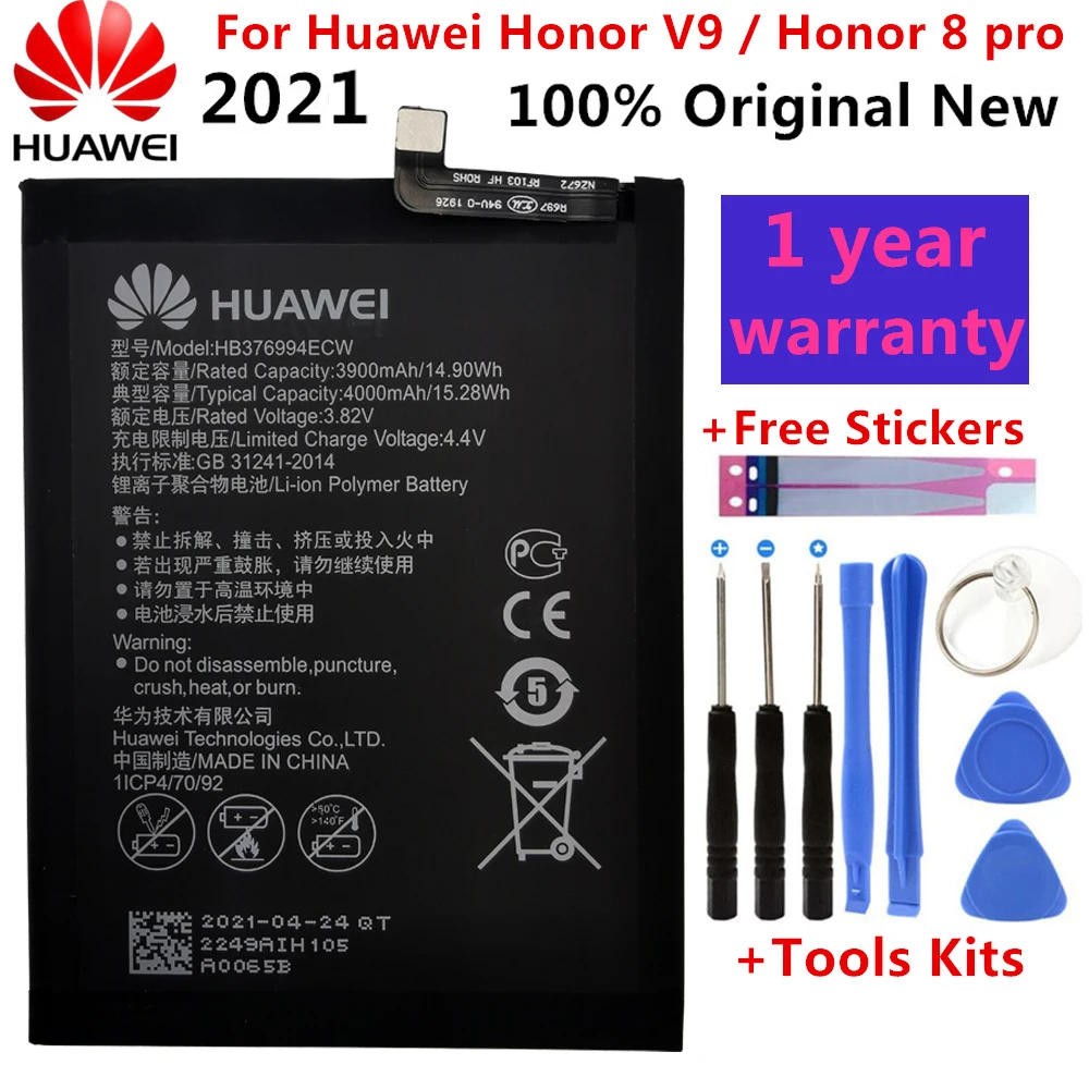 

Original HB376994ECW phone battery For Huawei Honor 8 pro / honor V9 DUK-AL20 DUK-TL30 4000mAh Batteries+Tool Kits