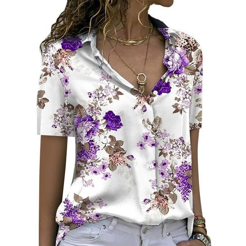 Elegant Short Sleeve Floral Women Shirts Casual Loose blouse Women 2023 Summer Fashion Tops Woman Y2k Ladies Top Blusas 21748