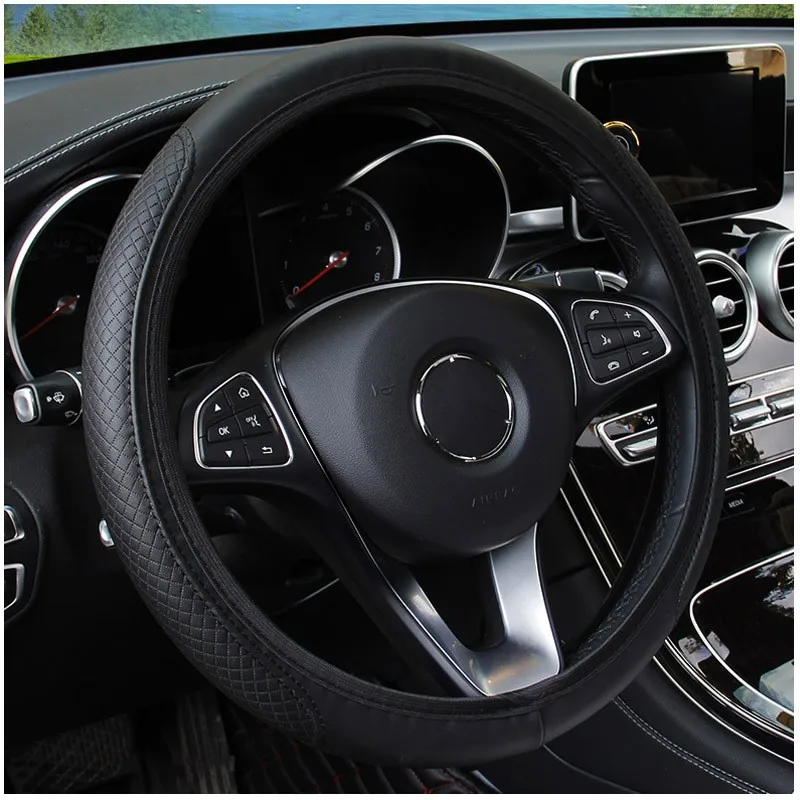 

38cm Automobile Universal Steering Wheel Cover Non-slip Car Steering Wheel Cover Non-slip Embossed Leather Auto Decoration