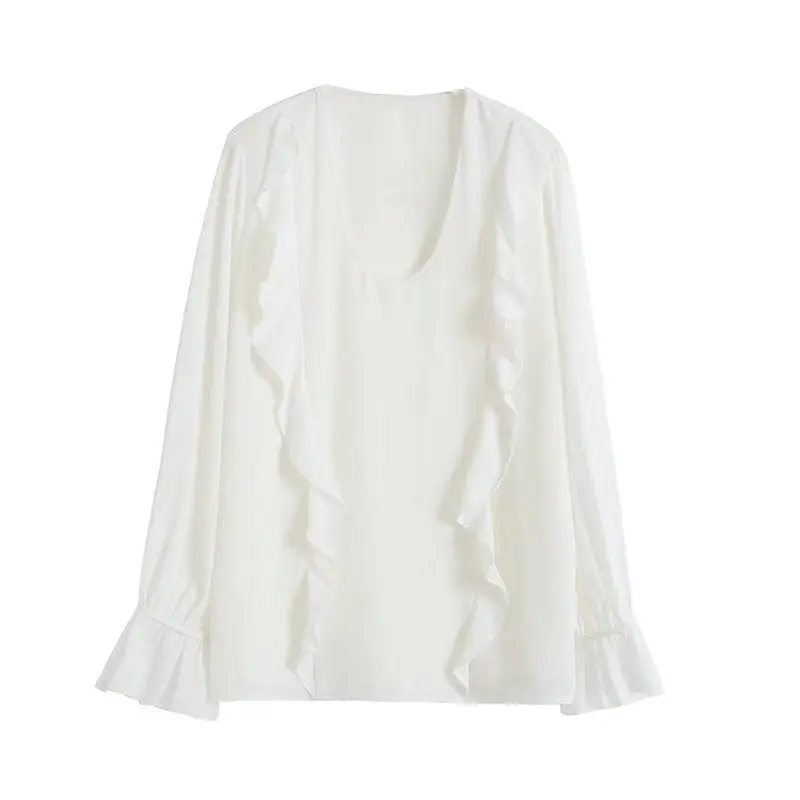 

Women's 2023 Fashion Joker Lotus Leaf Decorated Soft Loose Edition Shirt Retro Long Sleeve Pullover Shirt Chic Top