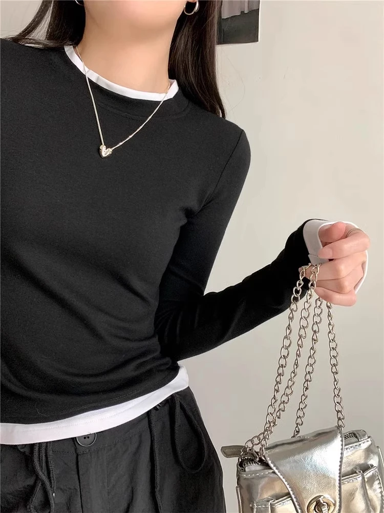 Корейская рубашка с круглым вырезом контрастного цвета искусственный