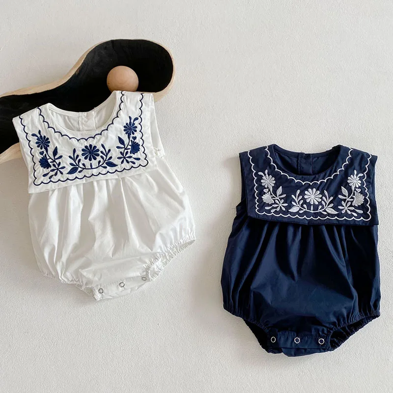 Korean Style Infant Baby Girls Jumpsuit Navy Collar Embroidery Cotton Newborn Baby Girl Bodysuits Summer Baby Girls Clothes