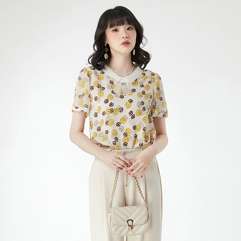 Женский шифоновый пуловер с коротким рукавом и принтом