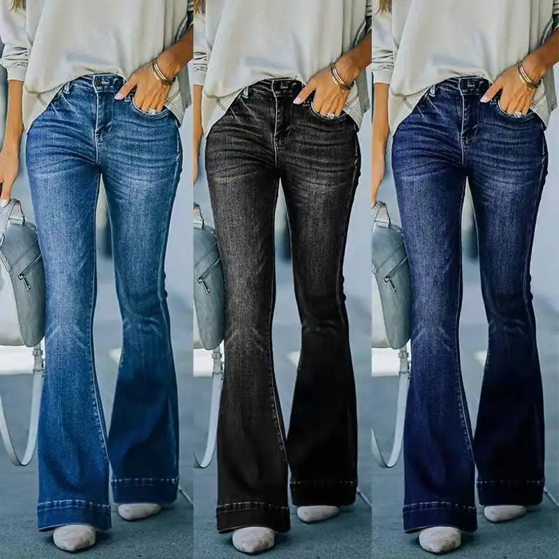 

2023 Spring New European and American High Waist Elastic Spliced Flare Jeans Women's Pants