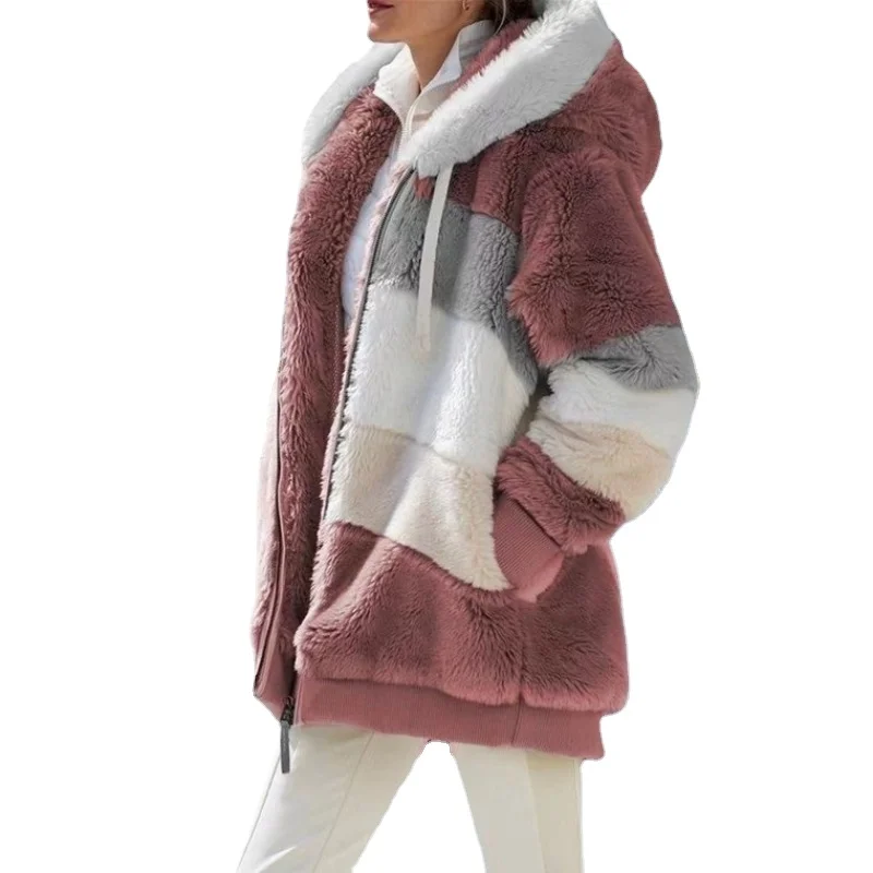 

Winter warm patchwork zipper pocket hooded loose coat women's large size women's pullover 3xl 4xl 5xl Hooded