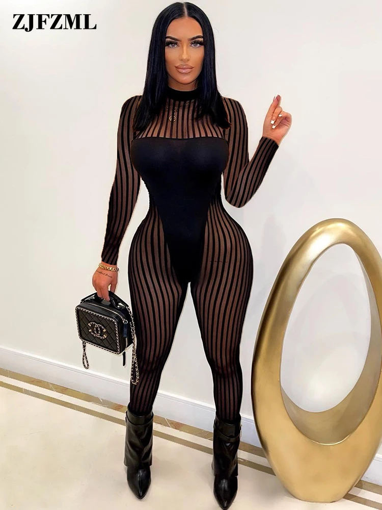 

Sheer Mesh Striped See Through Bodycon Jumpsuit Women Mock Neck Long Sleeve Party Club Outfits Summer Night Bar One Piece Romper