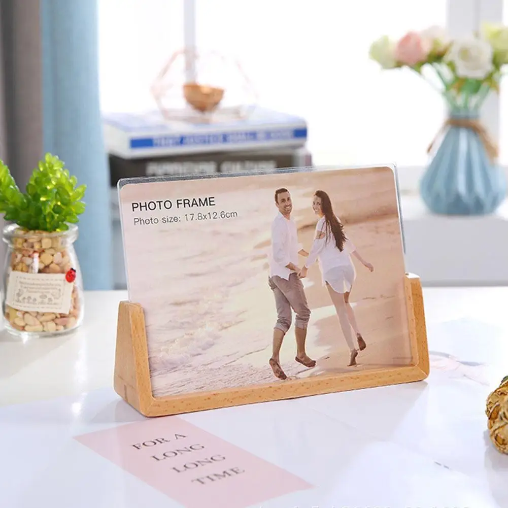 

6 Inch Simple Wooden Base U Shaped Photo Frame Acrylic Desktop Wedding Photo Home Office Photo Display Frame Rack Ornament P3a7