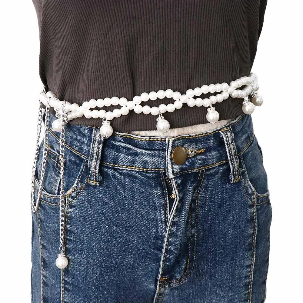 

Элегантные ремни для джинсов, Украшенные бусинами, тонкая цепочка с кисточкой, ремни для украшения платья, жемчужные поясные ремни, женские ремни на талию