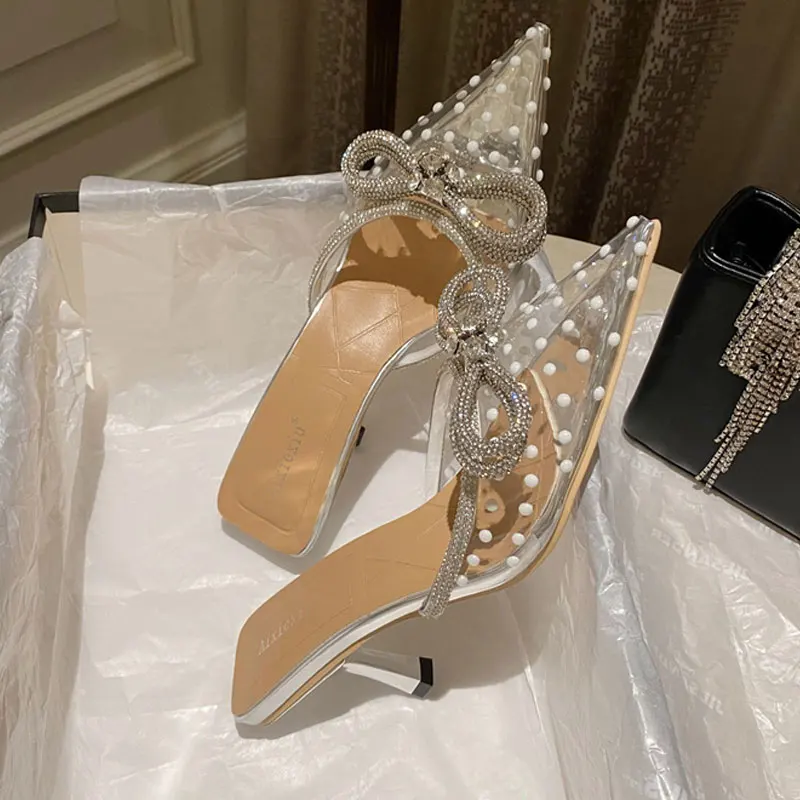 

Туфли-лодочки женские прозрачные, заостренный носок, высокий каблук, жемчужный бант, пикантная модная обувь