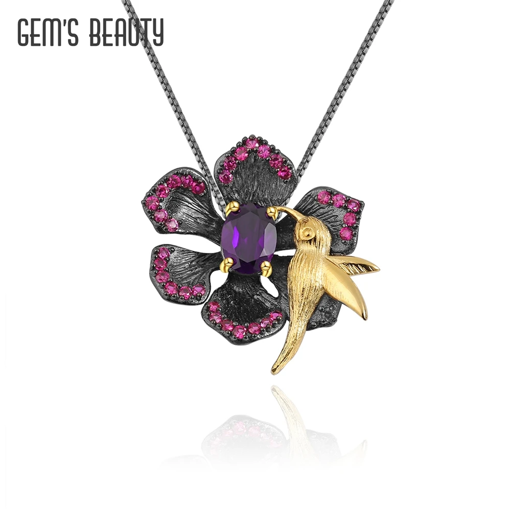 

GEM'S BEAUTY Hummingbird And Flower Necklace For Women Pendant Multiple Uses Brooch 925 Sterling Silver Link Chains Bijoux