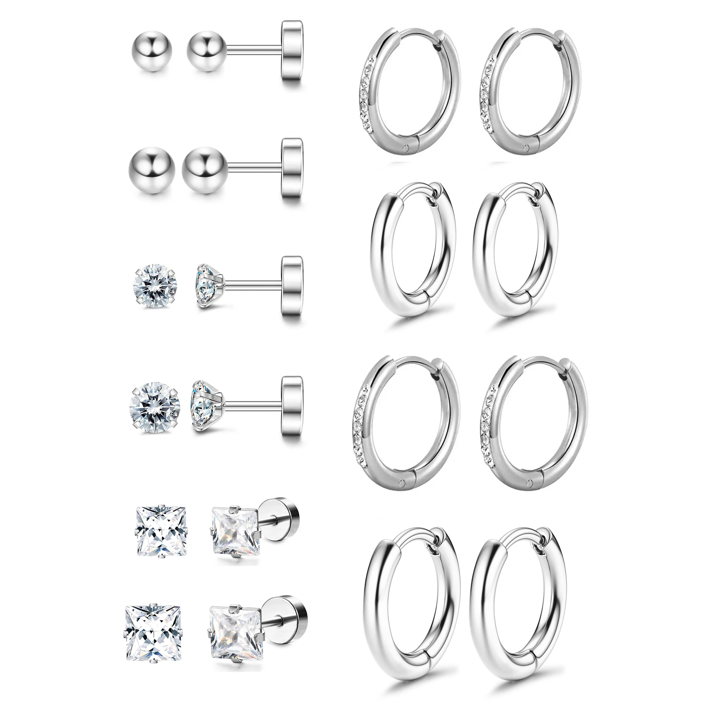 

10 Pairs Tiny Cartilage Stud Earrings for Women Men Stainless Steel Cubic Zirconia Flatback Earrings Hoop Huggie Earring Set