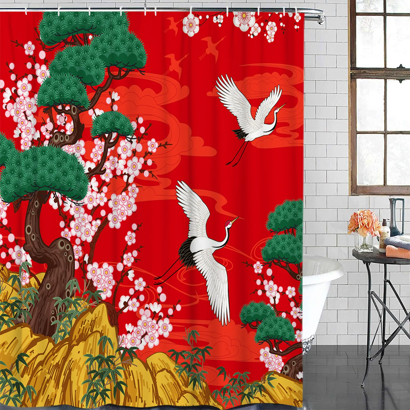 Японский стиль журавль вишневый цвет винтажная водонепроницаемая занавеска для