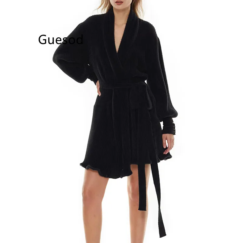 

New Arrival Dress Mink Hair Dress Warm 2022 Autumn Winter Black V-Neck Long Sleeve Bandage Dress