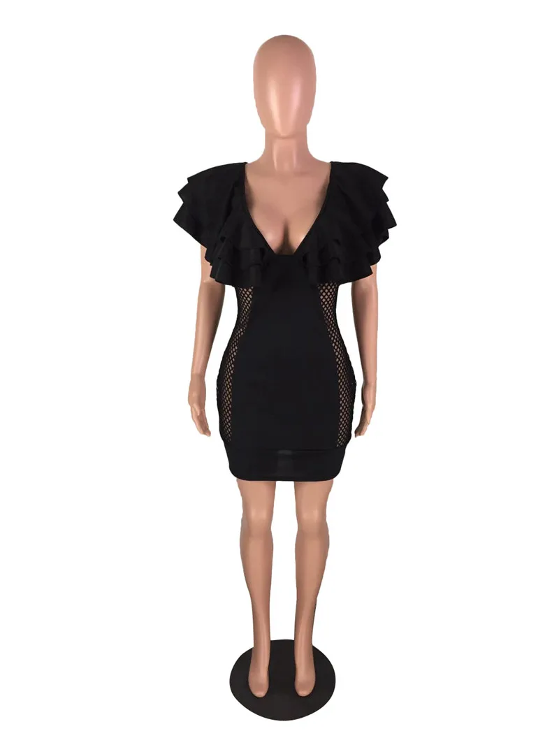Layered Flounce Black Bodycon Dress Women Short Sleeve Summer Dresses 2022 Sexy Side Hollow out Ruffle Elegant Party | Женская одежда