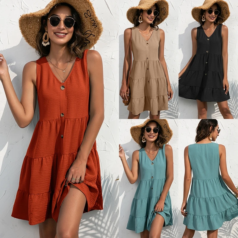 

Summer Women Sleeveless Dress Casual V-Neck Tank Top Dress Solid Color Button Pullover Dress A Line Knee-Length Dress Robe