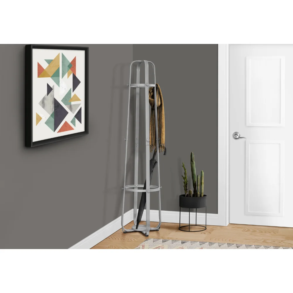 

Coat Rack, Hall Tree, Free Standing, 12 Hooks, Entryway, 72"H, Umbrella Holder, Bedroom, Metal, Grey, Contemporary, Modern