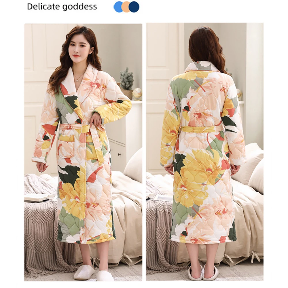 100% Cotton 3-layer Thicken Winter Sleepwear for Sleeping Trendy Plaid Embroidery Long Bathrobe Female Shower Robe Night Clothes