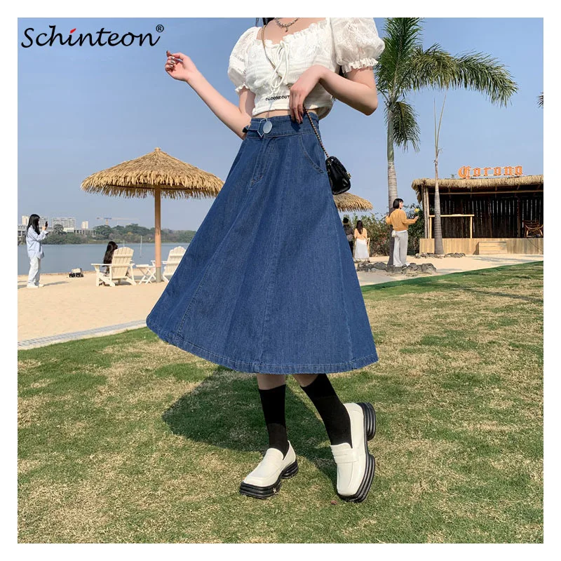 

Schinteon Women Denim A-lined Skirt Jeans Elastic Waist Casual Loose Wide Flare Big Size S-9XL 2022 Summer New