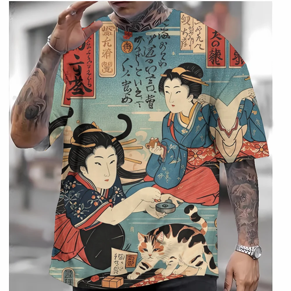 Летняя мужская футболка в японском стиле Ukiyo-e Графические футболки с 3D принтом