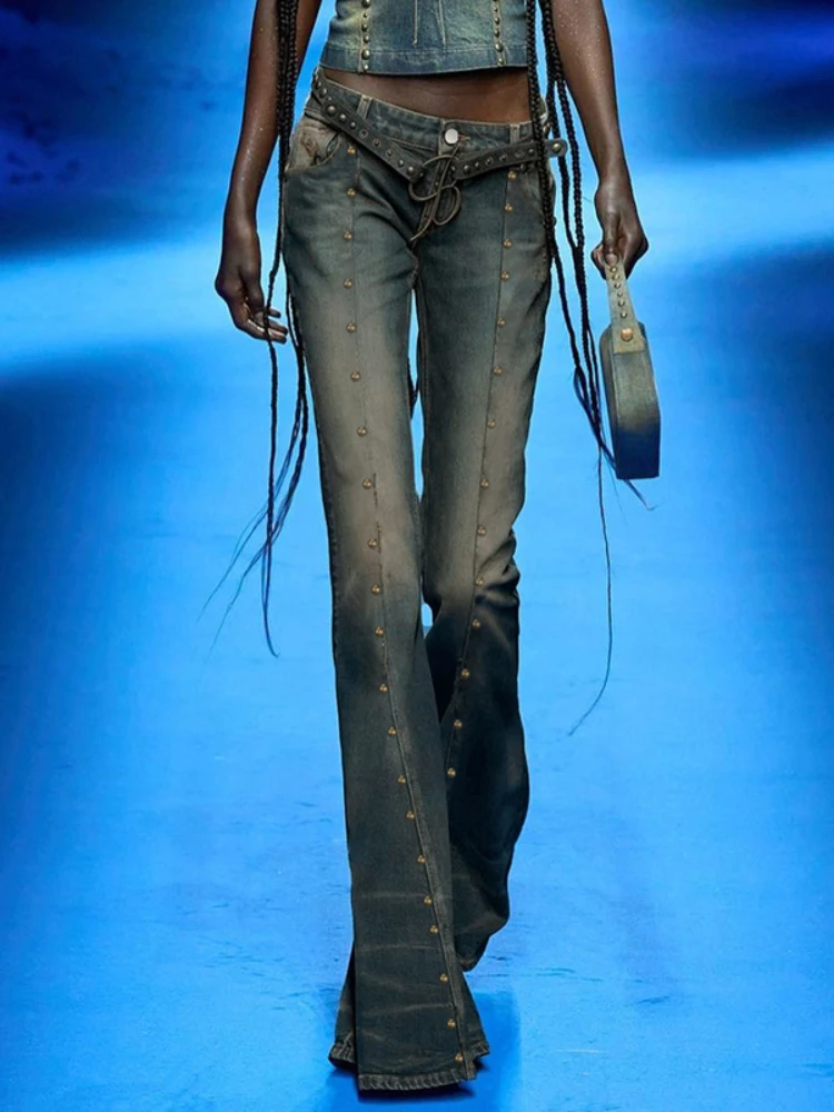 

WeiYao Rivet Stitched Flared Jeans Low Waist Slim Y2K Denim Jean Pants For Women 2022 Fashion Boyfriend Streetwear Trousers