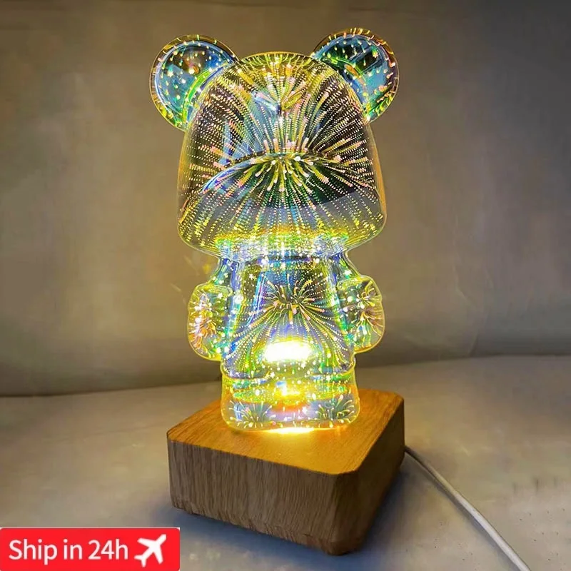 

3D Glass Fireworks Little Bear Night Light Christmas Day Romantic Decorative Atmosphere Light Table Lamp Bedroom Home Decora