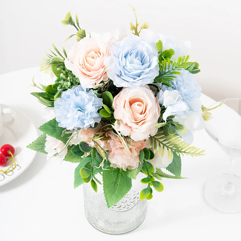 

Silk Rose Artificial Flowers Wedding Party Vase Home Decor Accessories White Hydrangea Bouquet Spring Fake Flowers Arrangement