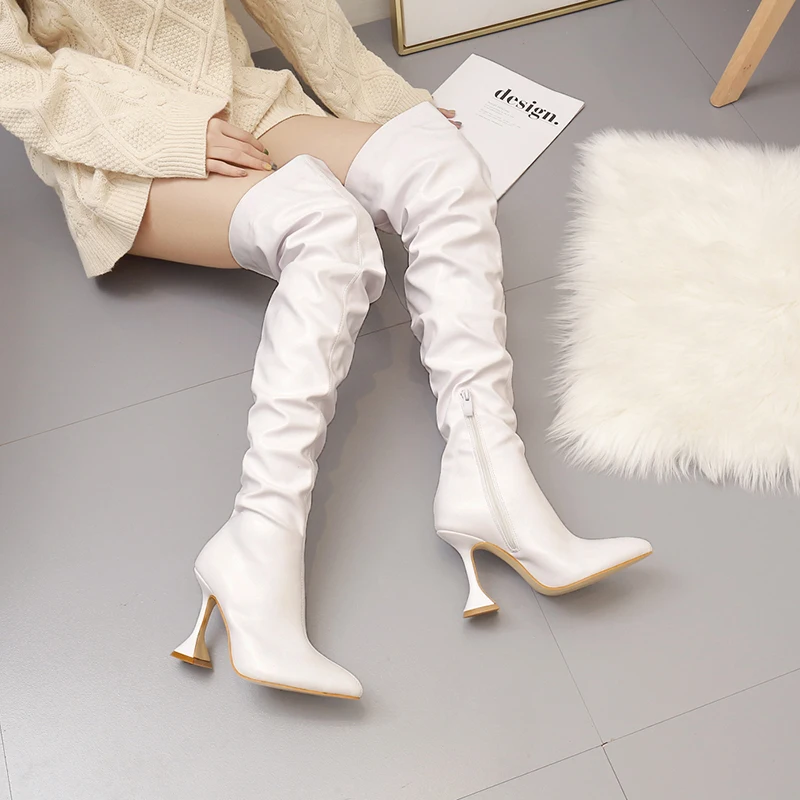 

Sexy Thigh High Boots Women High Heels Stretch Over The Knee Boots for Women Slim Elastic White Red Fetish Party Long Shoes 2022