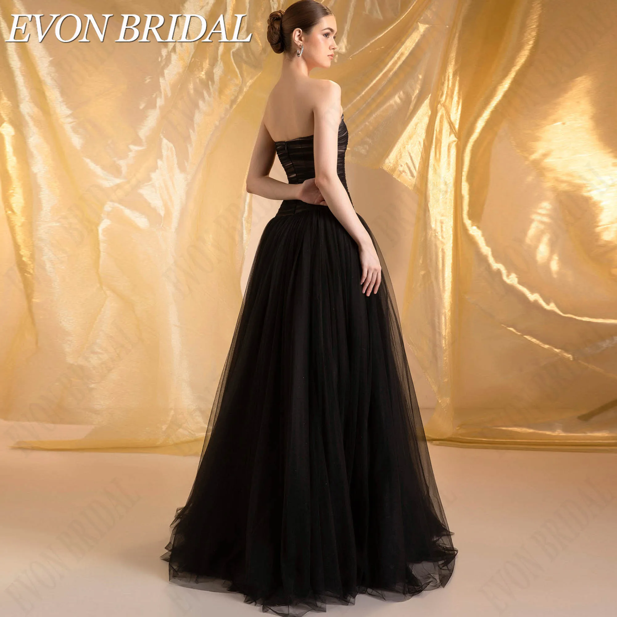 Фото EVON BRIDAL Бесрукавный Банд топ С Горизонтальными Складками Из Тюля Многослойный Легкий Черный Тюль Длинная Очень Широкая А-Линия Юбка Платья С Молнией На Спине Сделанные На Заказ На Официальные Вечерние Мероприятия №2