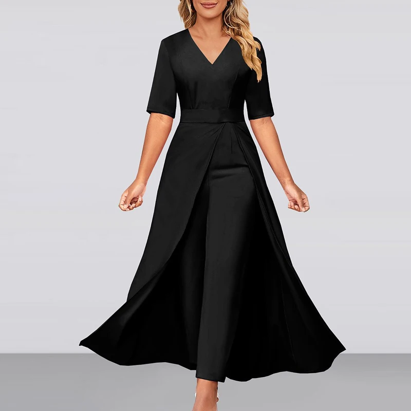 

Женский однотонный комбинезон с V-образным вырезом, полурукавом и высокой талией