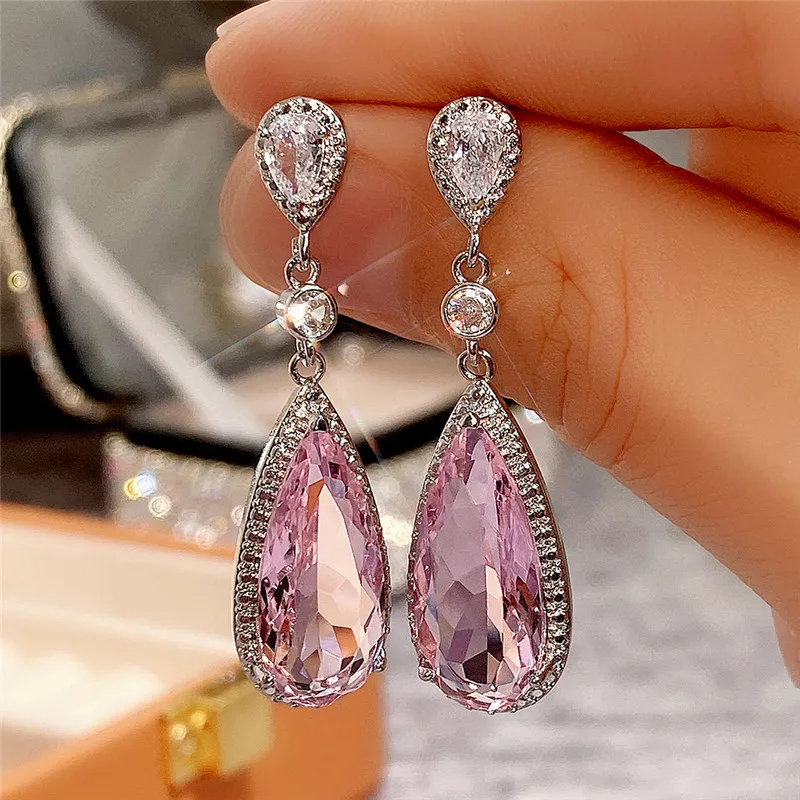 

Ne'w AAA Pink Cubic Zirconia Drop Earrings Women's Luxury Ear Jewelry Engagement Party Bling Bling Dangle Earrings Fancy Gift