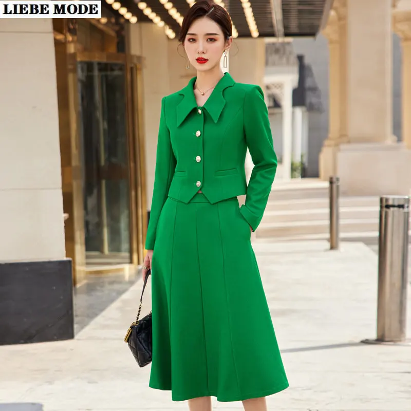 

Женский деловой костюм из двух предметов, элегантный пиджак и юбка миди, Повседневная офисная одежда с трапециевидной юбкой желтого и зеленого цветов