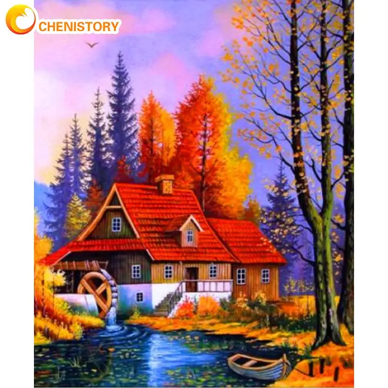 

CHENISTORY Modern Painting By Numbers Autum Landscape Forest House For Adults Kids Handmade Home Decors DIY Gift Artwork
