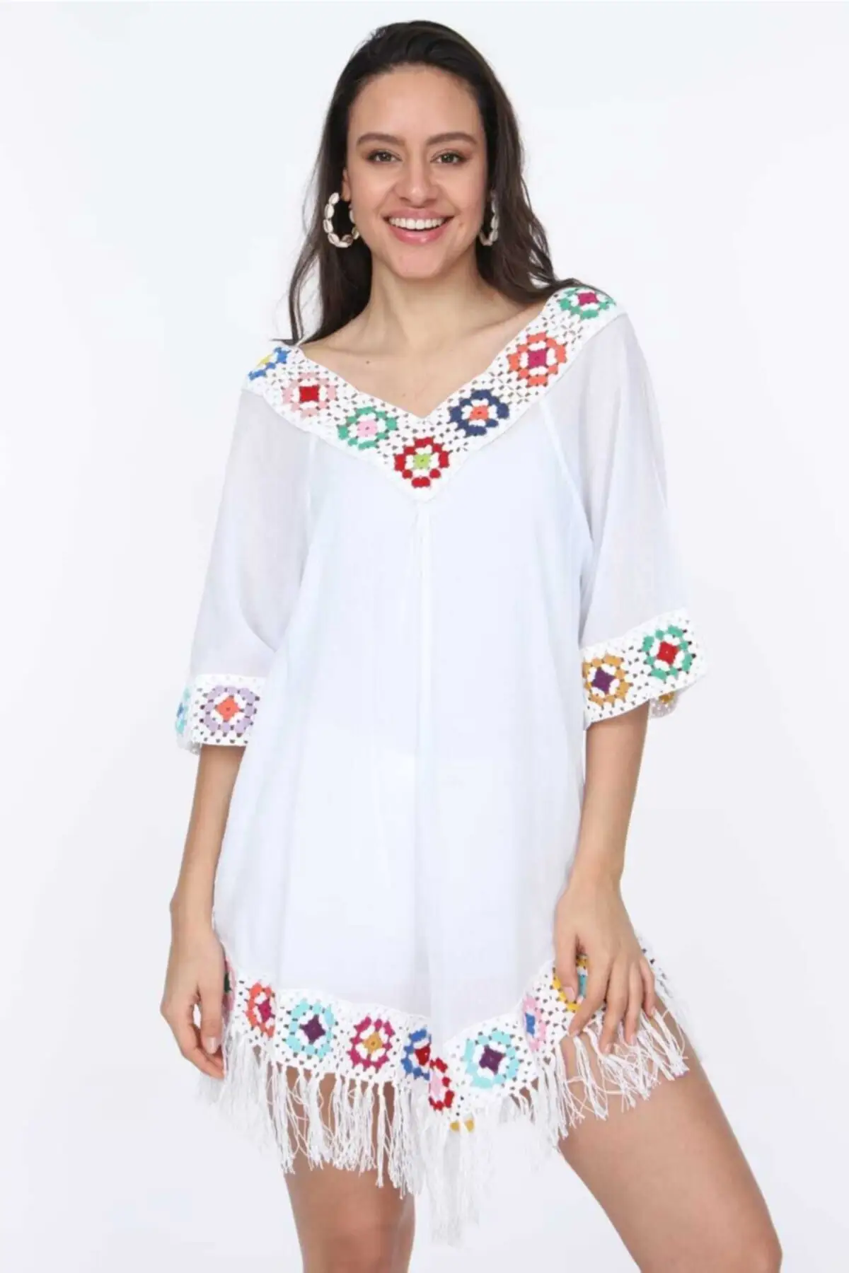 

Women's Pareo Collar Lace Sleeve Beach Dress Swimwear Sexy Tunic Suit Beachwear women Beach Bikini Cover