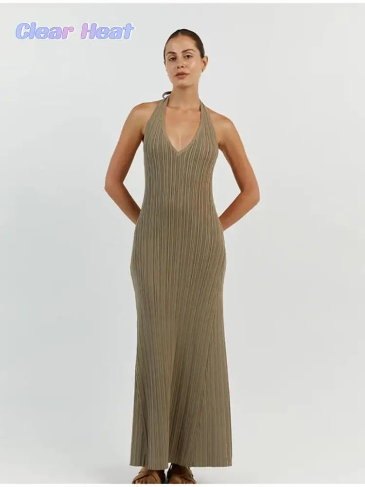 

Женское трикотажное платье-макси в рубчик, повседневное однотонное длинное платье без рукавов с лямкой на шее и открытой спиной, 2023