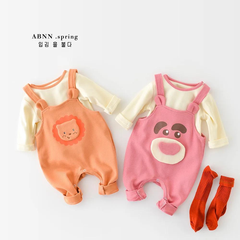 

Boys and Girls Baby Contrast Color Bottoming Shirt Long Sleeve O Neck Bear Lion Overalls Suspender Pants Two Piece Set Spring