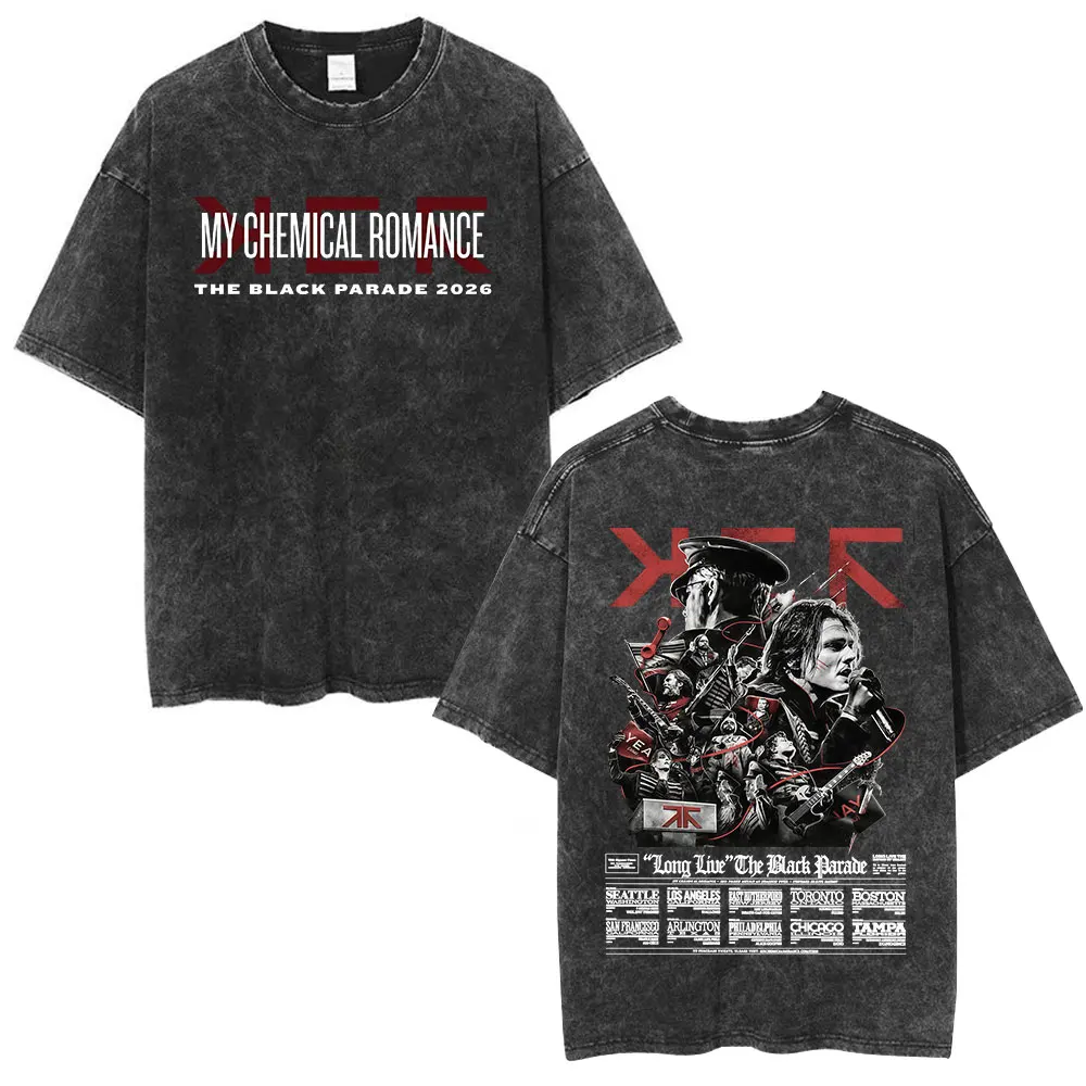Фото Футболка Rock Band My Chemical Romance с эффектом потертости, коллекция The Black Parade 2026 Tour, мужская одежда, готические свободные футболки, уличный стиль №1