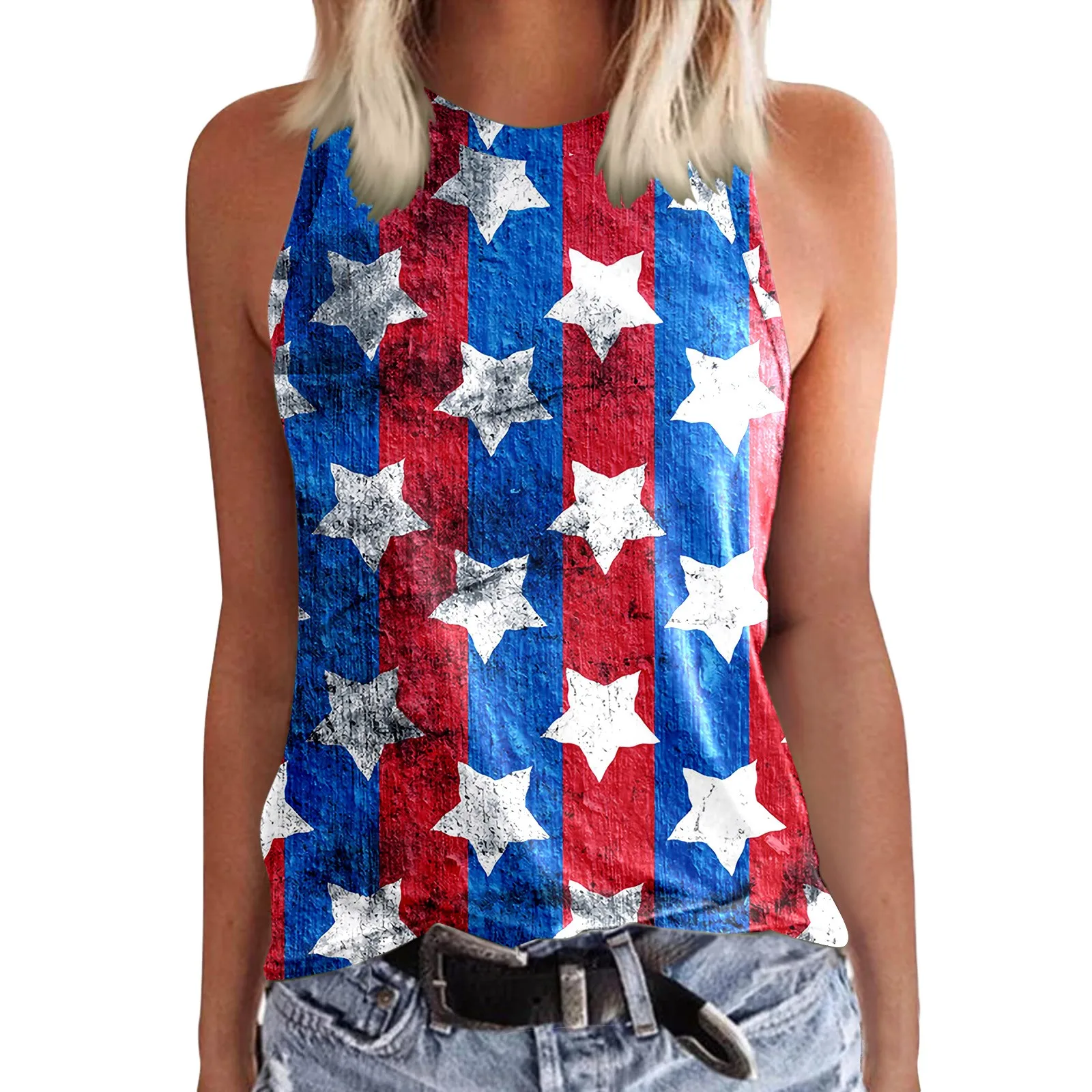 

4th Of July American Flag Print Tank Top Women's Round Neck Sleeveless Vest Casual Shirt Patriotic Tunic Plus Size T-Shirt Camis