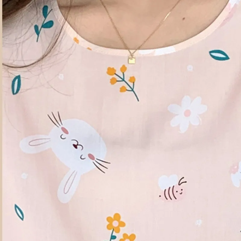 Young La Short Sleeve Pajama Suit One-Size Japanese Style Top Print Round Collar Cotton Set Girl Two Pieces Costume For Sleeping