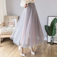 women contrast color design ball gown mesh skirts vintage spring summer elastic waist midi length tulle skirt for female