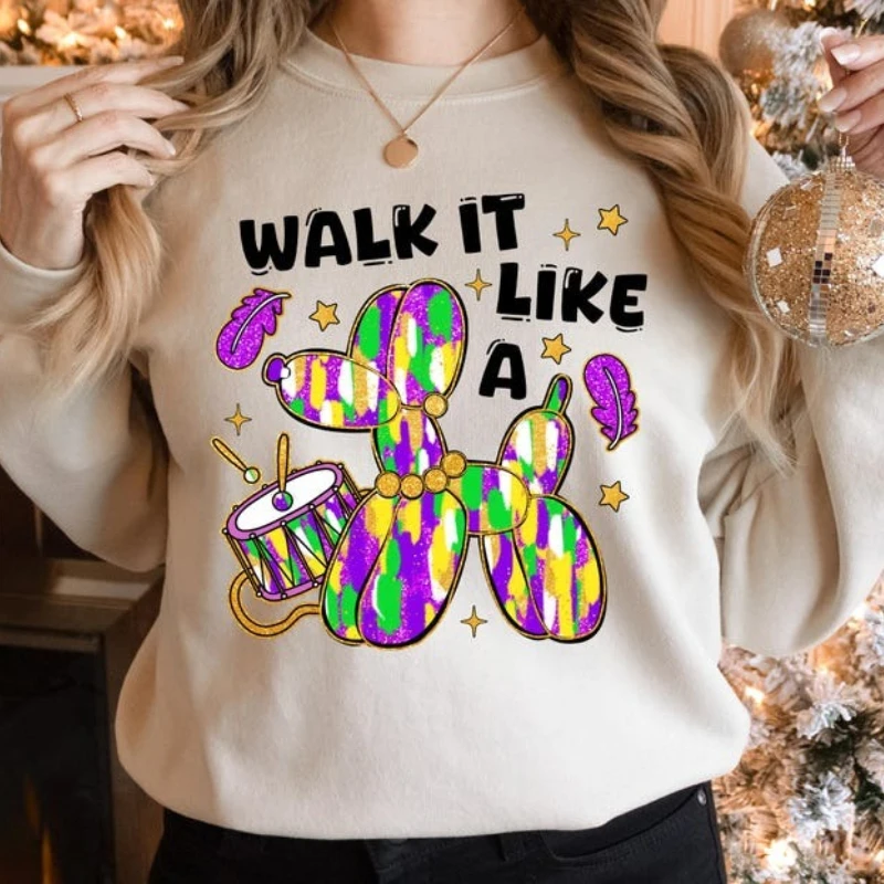 Фото Свитшот «2026 Walk It Like A Dog» к Марди Гра, ретро-карнавальная толстовка с круглым вырезом, рубашка с цветком флер-де-лис, луизианский наряд, преппи-топ в стиле Нью-Орлеан №2