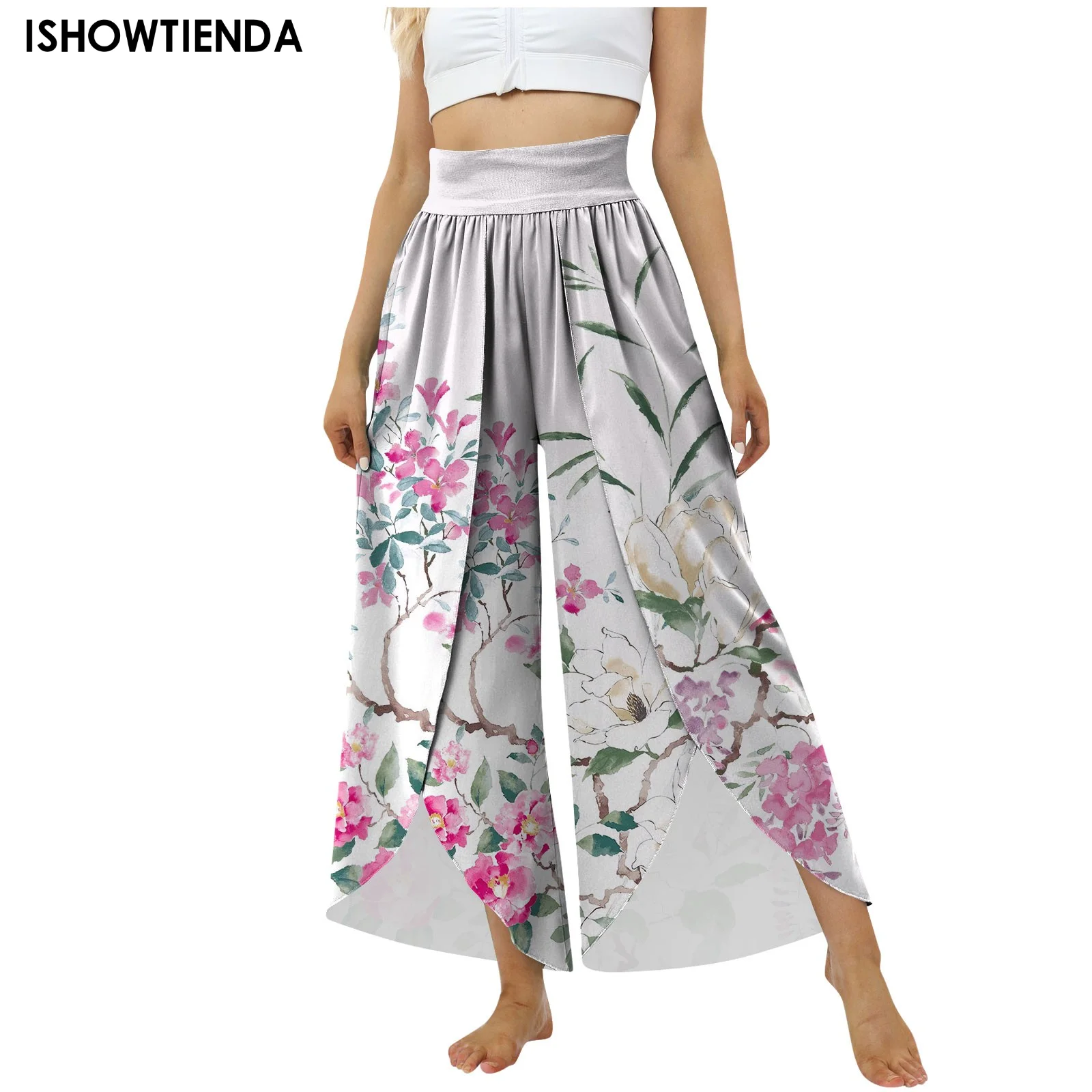 

Ninth-length Women Flowy Split Wide Leg Pants Women Pants High Waist Wide Elastic Waistband Yoga Pants Flowers Print Thin