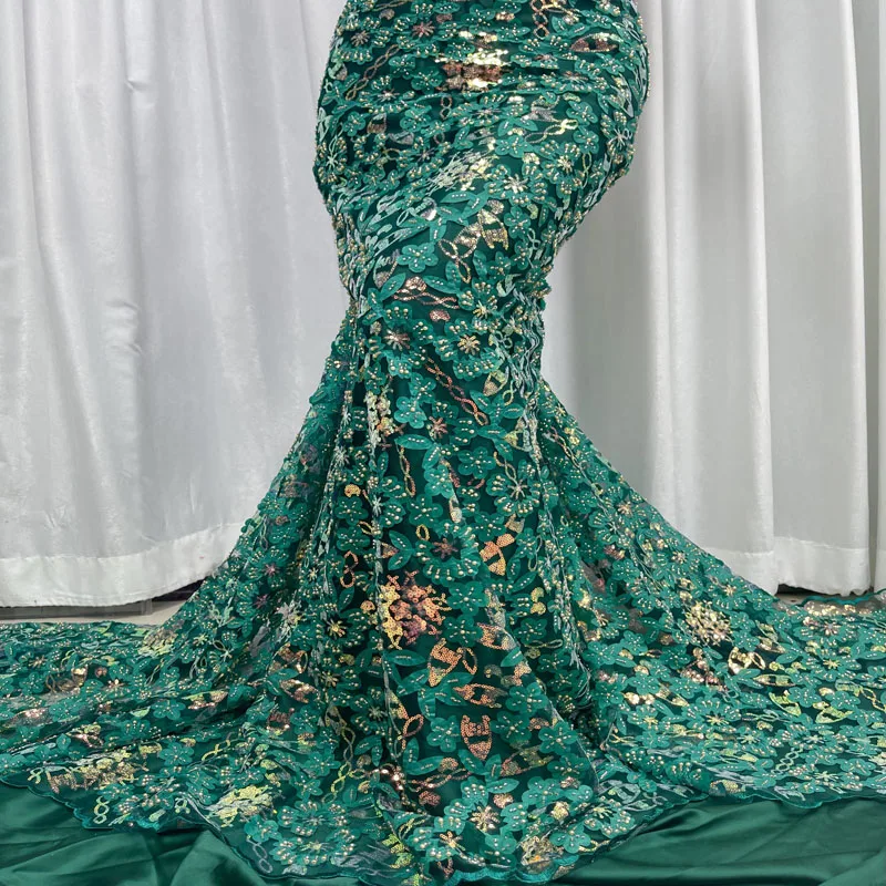 

2023 элегантный тяжелый бисерный блестки, кружевная ткань с бусинами, нигерийская 3D вышивка, сетчатая кружевная ткань для свадебных платьев, 5...