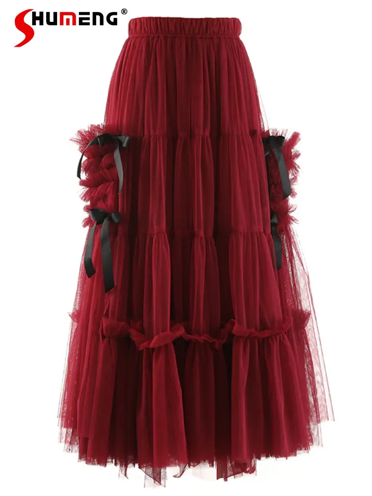 

Sweet Women's Bow Pocket Cake Skirt 2023 New Elegant Fairy Stitching Mesh Bubble High Waist Draping Gauze Midi Skirts for Women