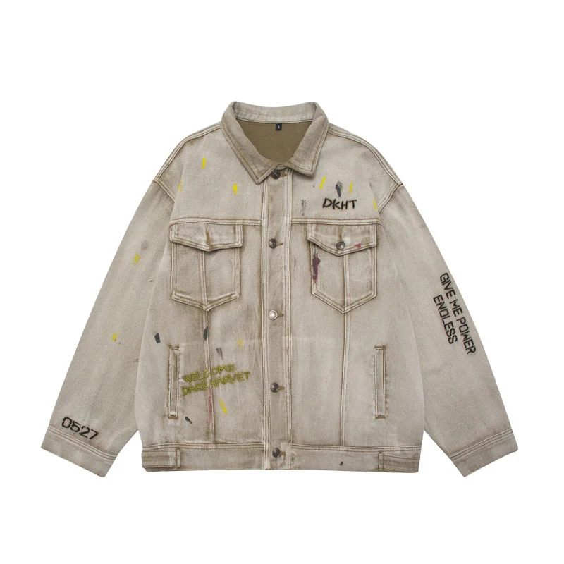 

Denim Bomber Jacket Streetwear Hip Hop Vintage Distressed Washed Letter Print Cowboy Jeans Coat 2022 Retro Casual Cotton Jackets