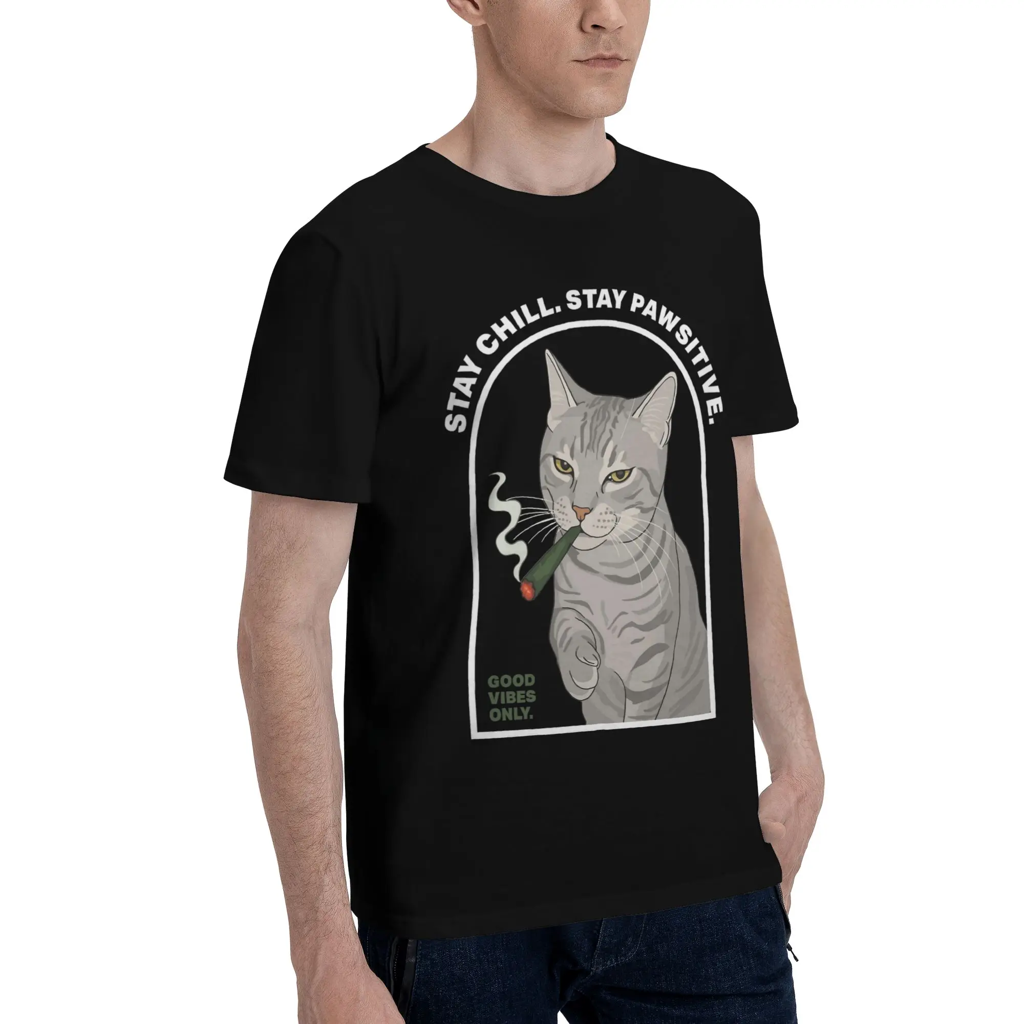Фото Футболки с принтом Cat Smoking Stay Chill Stay Positive, мужские винтажные футболки из чистого хлопка, футболки с круглым вырезом, топы с короткими рукавами, летние топы №2