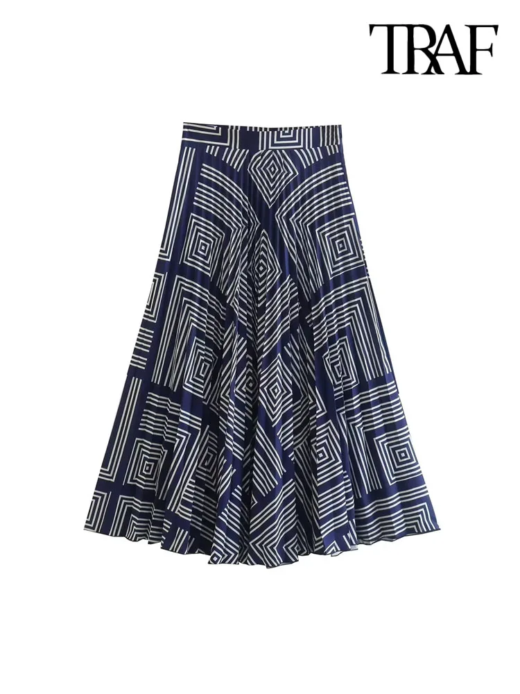 

TRAF Women Fashion Geometric Print Pleated Midi Skirt Vintage High Waist Side Zipper Female Skirts Mujer