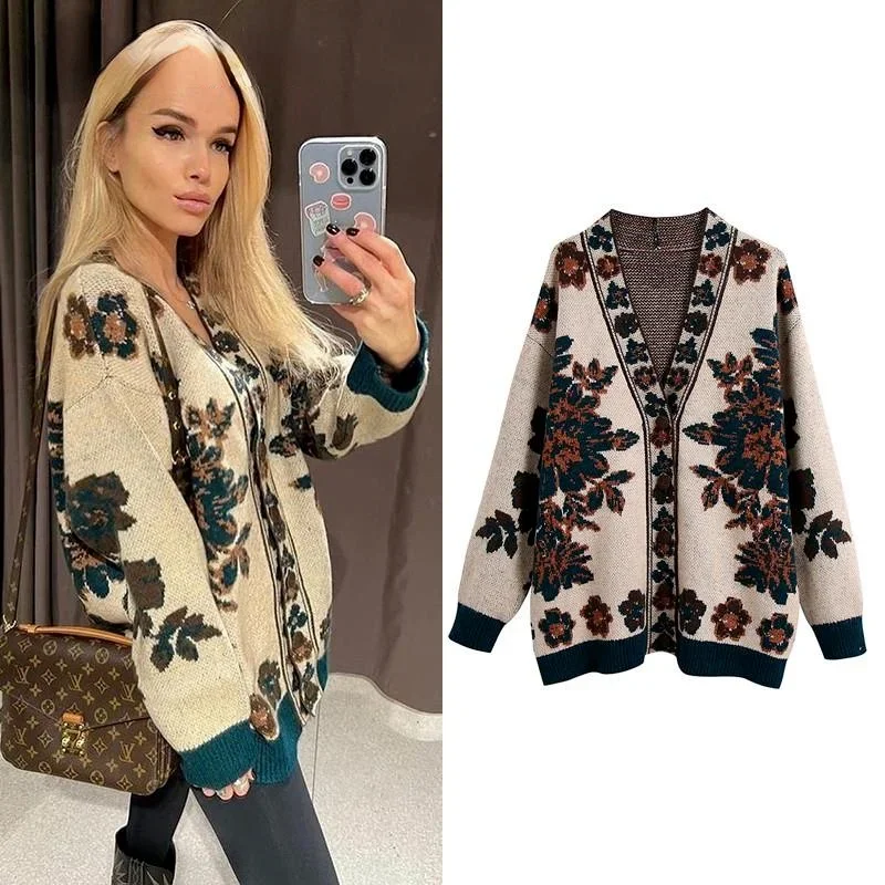 

Women Floral Sweater V Neck Long Sleeve Autumn Winter Casual Cardigan Gilet Femme Manche Longue Chandails Designer Streetwear